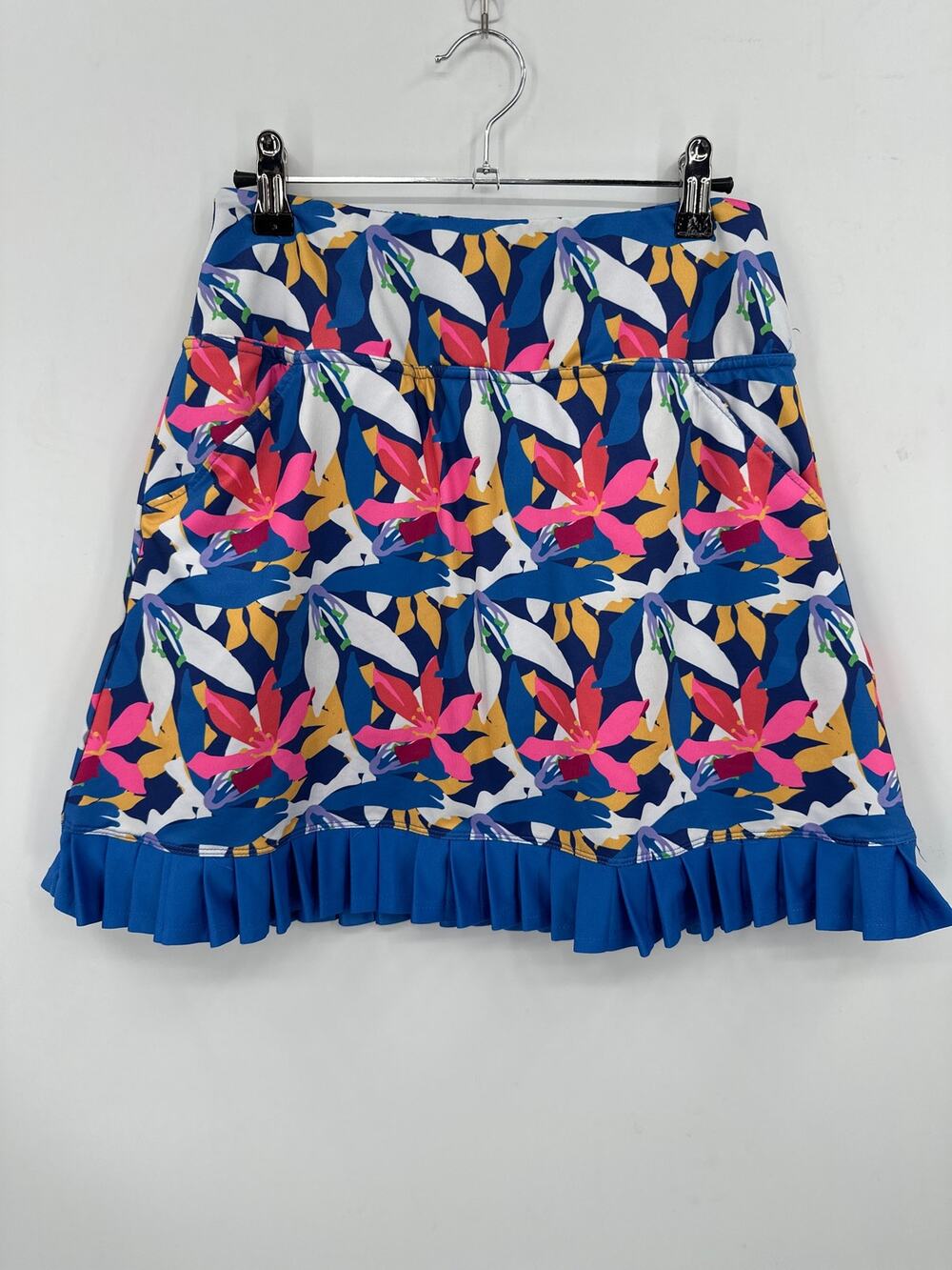 Birdies & Bows Pleated Hemline Gold Skort Blue Floral UPF 30+ Size Small